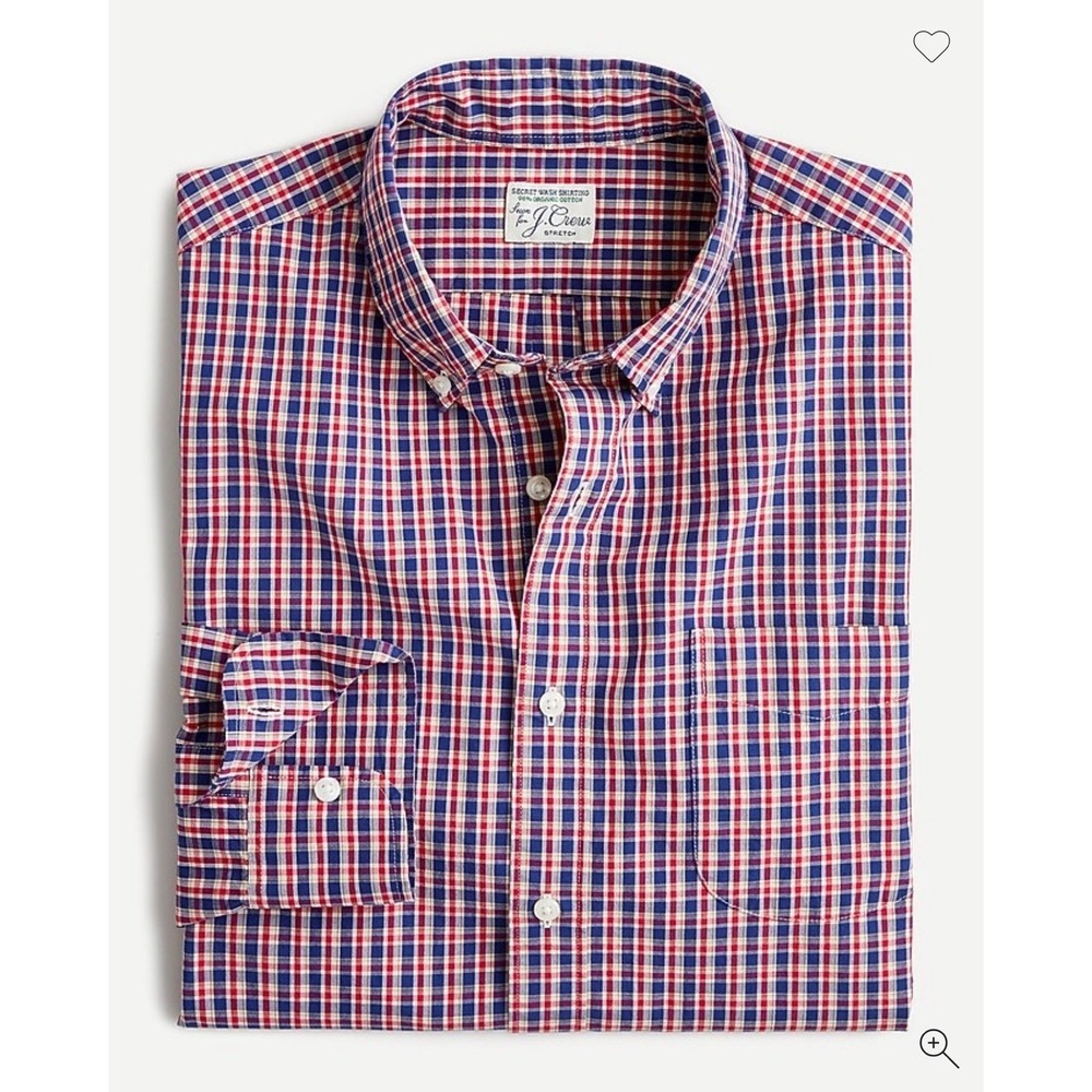 J.Crew Secret Wash Classic Fit Shirt M Stretch Plaid Red Blue Organic Cotton
